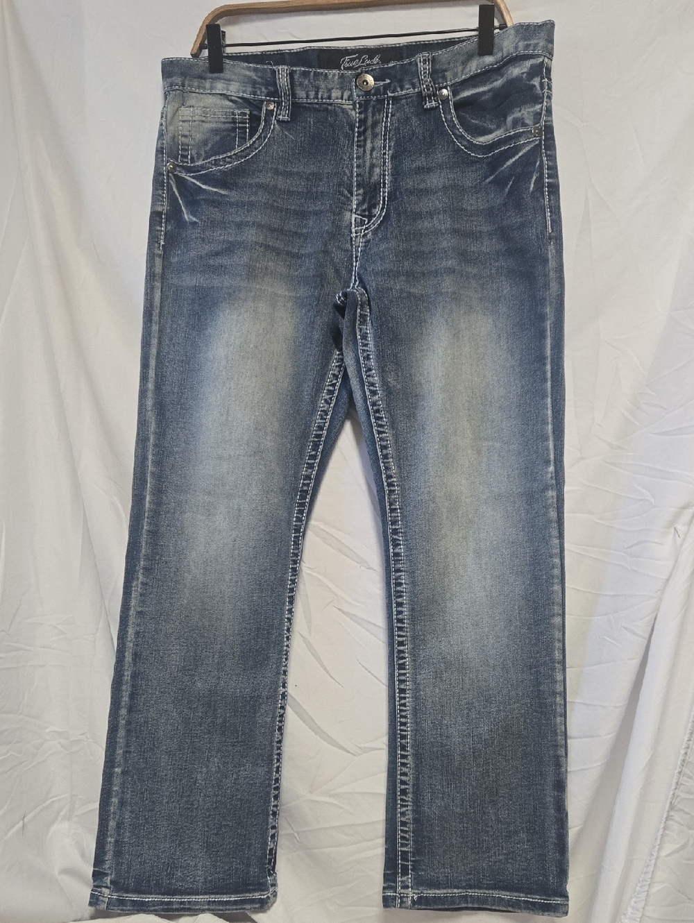 TRUE LUCK Men's Straight Leg Distressed Blue Jeans 34x30